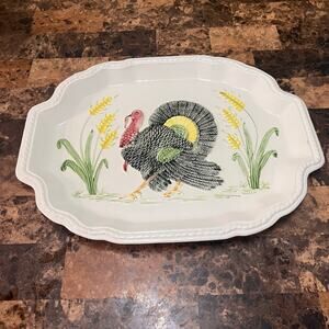 Decorative Turkey Platter - White and Multicolor Serveware